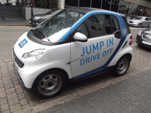A car from the now sadly defunct Car2Go, which sold point-to-point car-share by the minute. An expansion of car share could reduce the number of vehicles on our streets. Photo: Elliott Brown/Flick