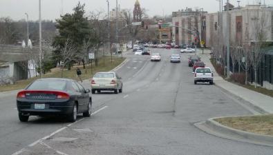 Only one side of this one-way traffic funnel in Kansas City has sidewalks. Photo: Brent Hugh
