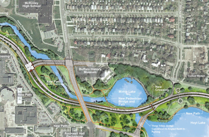 New York State DOT's plans to turn the Sacajaquada Expressway into a surface street don't go far enough to prioritize people instead of cars. Image via Buffalo Rising