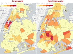 Policing of delivery cyclists is concentrated in a few Manhattan neighborhoods, while non-commercial infractions are most prevalent in some of NYC's poorest areas. Image: Biking Public Project