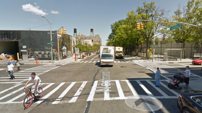 Nostrand Avenue at Myrtle Avenue, where a driver killed a 54-year-old pedestrian last night. Image: Google Maps