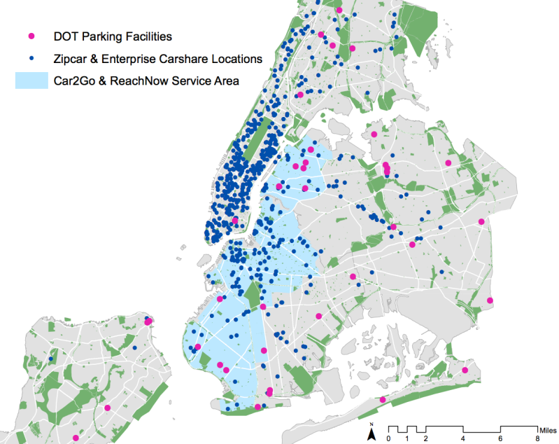DOT plans to set aside 300 spaces in municipal parking facilities (pink dots) for car-share, as well as 300 on-street spots. Image: DOT