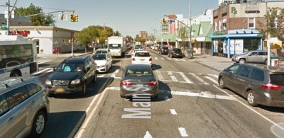 Main Street at 58th Avenue in Flushing, where a motorist killed a 65-year-old pedestrian on January 11. Image: Google Maps