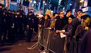 Demonstrators penned in on Fifth Avenue at a protest outside Trump Tower last November.