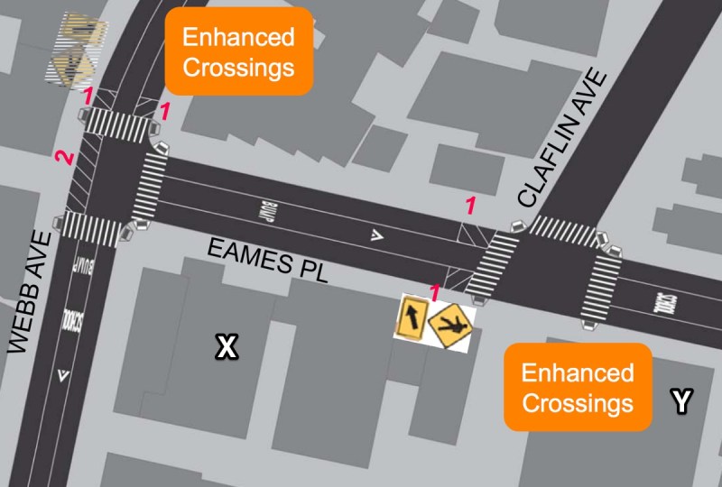 DOT will formalize crossings near P.S. 307 (X), and Jerome Park Library (Y) in Kingsbridge Heights. Local residents and parents at the school, where a driver killed 8-year-old Rylee Ramos, say more needs to be done to slow drivers down. Image: DOT
