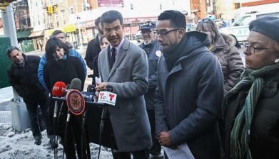 Ydanis Rodriguez and Antonio Reynoso at the scene of the hit-and-run crash that killed 85-year-old Rafael Nieves. Photo: William Alatriste, NYC Council Photographer