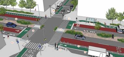 A template for two-way street design with pedestrian medians, protected bike lanes, transit lanes, and other elements from the "Vision Zero Design Standard." Image: Transportation Alternatives