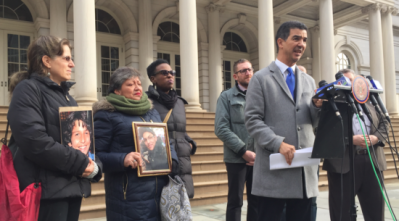Council Member Ydanis Rodriguez with members of Families for Safe Streets outside City Hall this morning. Photo: David Meyer