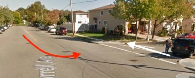 A motorist killed 52-year-old Peggy Diaz at Correll Avenue and Gervil Street in Staten Island. The red arrow indicates the approximate path of the driver and the white arrow shows the approximate path of the victim, according to NYPD. Image: Google Maps