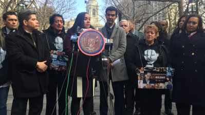 The parents of hit-and-run victim DJ Jinx Paul joined elected officials outside City Hall this morning. Photo: David Meyer