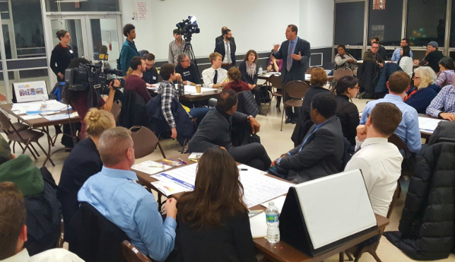 Council Member Brad Lander addresses the crowd at the first of six workshops for DOT's citywide transit plan. Photo: DOT