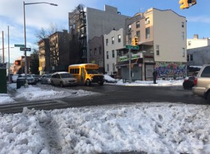 Shorter crossing distances and slower driver turns at Vernon and Marcy avenues in Bed Stuy? Sneckdowns to the rescue! Photo: @pekochel