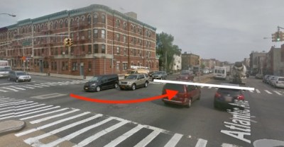 A commercial driver struck and killed an 81-year-old woman in a crosswalk on Atlantic Avenue at Rockaway Avenue. The white line indicates the path of the victim -- it’s unknown which direction she was walking -- and the red arrow indicates the approximate path of the driver, according to NYPD. Image: Google Maps