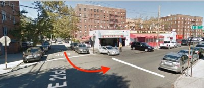 Zafrom Ghafoor hit Mary Dagnese with a commercial van at E. 21st Street and Gravesend Neck Road. The white line represents the approximate path of the victim -- it’s unknown which direction she was walking -- and the red arrow indicates the approximate path of the driver. Image: Google Maps