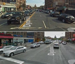 Dyckman Street at Broadway, looking east: 2007 (above) and 2016. Some storefronts have changed, but the street is as hostile and dysfunctional as ever. Images: Google Maps