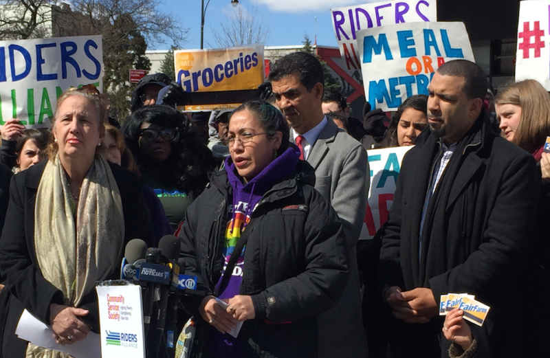 Riders Alliance member Monica Martinez speaks alongside elected officials yesterday. Photo: David Meyer