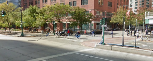 October 2016 Google Maps image of the Hudson River Greenway at Chambers Street, with Olga Cook’s ghost bike background right. DOT has made changes since this photo was taken, but TA says more needs to be done to prevent more deaths and injuries.