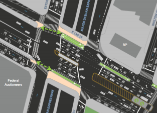 The project would add safer pedestrian crossings and a short stretch of bike lanes protected by flexible posts at the foot of the Madison Avenue Bridge in the Bronx. Image: DOT