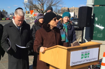 DOT Commissioner Polly Trottenberg speaking in Queens this morning. Photo: David Meyer