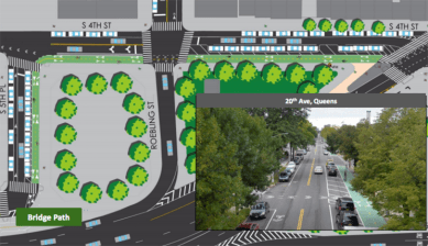 DOT plans to add two-way protected bike lanes at the foot of the Williamsburg Bridge bike path in Brooklyn. Image: DOT