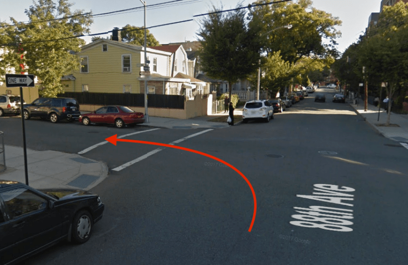 The police account suggests that Khazir Ahmed had the right of way walking across 168th Place when he was struck and killed by a left-turning motorist (path marked by red arrow). Image: Google Maps