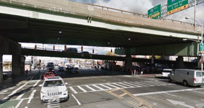 Bruckner Boulevard and Hunts Point Avenue, where hit a hit-and-run motorcyclist killed Rosa Ramirez, got a Vision Zero redesign. But it's still a hostile place to walk. Image: Google Maps