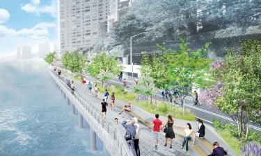 The greenway segment between 53rd and 61st Streets would be built on pylons over the East River. Image: NYC Mayor's Office