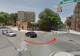 Jacob Bavdaz, 84, was hit by a turning driver at Van Cortlandt and Sedgwick avenues in the Bronx. The white line indicates the approximate path of the victim -- it’s unknown which direction he was walking -- and the red arrow shows the path of the driver. Police said Bavdaz was “outside the crosswalk” and filed no charges. Image: Google Maps