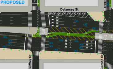 The two-way bike lane will run on the south side of the Delancey Street median. This image shows the transition to the foot of the bridge. Image: DOT