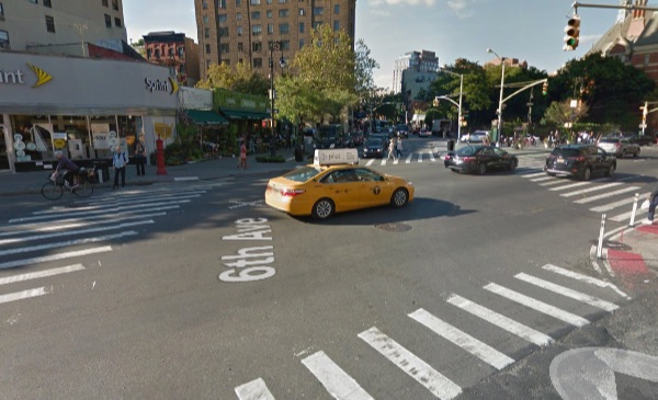 A sanitation truck driver killed a 60-year-old woman at Greenwich Avenue, Sixth Avenue, and W. Eighth Street. NYPD had few details on how the collision occurred and did not say who the right of way. Image: Google Maps