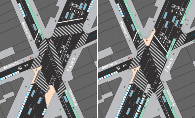 The DOT plan for Seventh Avenue South covers several irregular intersections, like the convergence of Bleecker and Barrow. Image: DOT