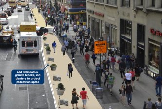 The western sidewalk will be extended with an epoxy-and-gravel surface, protected by granite blocks and planters. Bus stops will have raised boarding islands. Image: NYC DOT