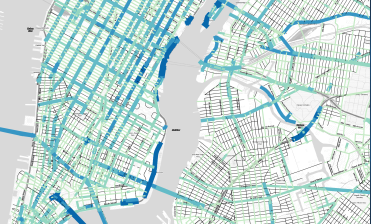 Developers at DataKind used DOT's existing traffic counts, which encompass just five percent of city streets, to generate a model of traffic on all other streets. Image: DataKind