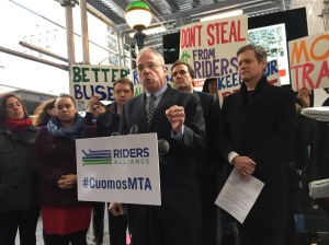 Jeffrey Dinowitz speaking at a rally with transit advocates in February. Photo: David Meyer