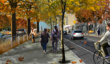 A rendering of the redesigned Queens Boulevard once it's built out with concrete and street plantings. Image: DOT