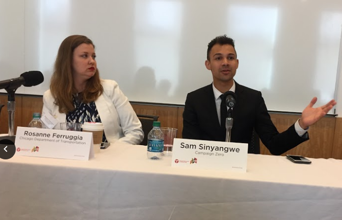Rosanne Ferruggia of Chicago DOT and Sam Sinyangwe of Campaign Zero at yesterday's Vision Zero Cities panel. Photo: David Meyer
