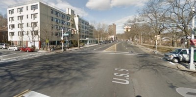 Broadway at W. 254th Street, where Jorge Hernaiz fatally struck Marino Nunez in 2015. A plan to make this stretch of Broadway safer for walking and biking is under attack from Bronx Community Board 8. Photo: Google Maps