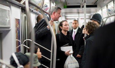 De Blasio on a rare subway trip in early 2014. Photo: Rob Bennett/NYC Mayor's Office