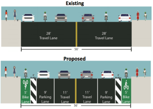 The parking-protected bike lanes would narrow the dangerously wide motor vehicle lanes on a stretch of Fountain Avenue in East New York. Image: DOT