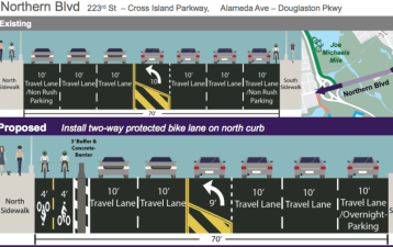 DOT plan for a two-way protected bike lane on Northern Boulevard near Joe Michaels Mile, where a driver killed Michael Schenkman last summer.