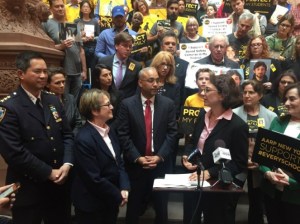 Members of Families for Safe Streets in Albany last month with speed camera bill sponsors Deborah Glick and Jose Peralta and DOT Commissioner Polly Trottenberg. Photo: David Meyer