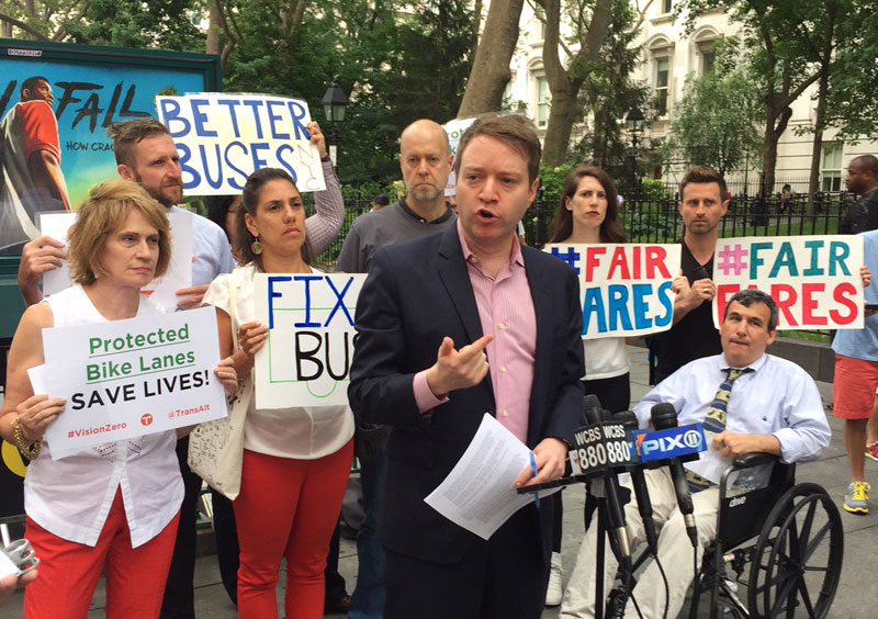 Advocates laid out an policy agenda for transit, biking, and walking this morning that they want NYC candidates for office to endorse. Photo: Ben Fried