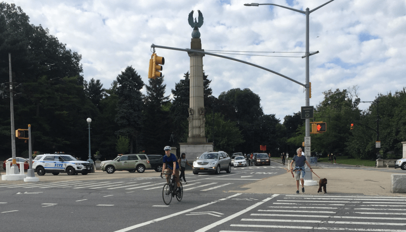 Car traffic exiting Prospect Park's East Drive at Grand Army Plaza this morning. Photo: David Meyer