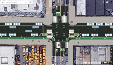 This concept for a protected bike lane on 43rd Avenue in Sunnyside emphasizes safety for cyclists and pedestrians at intersections. Image: Max Sholl