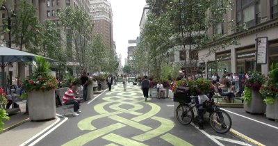 A car-free block of Broadway in the "Garment District Urban Garden."