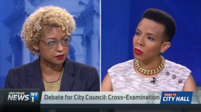 Challenger Ede Fox, left, debated incumbent Council Member Laurie Cumbo on NY1 Tuesday night.