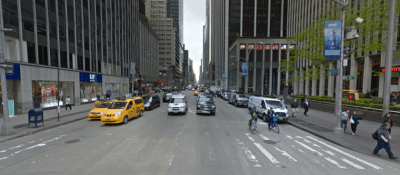 Sixth Avenue between 47th and 48th streets, where a driver injured a Citi Bike rider last winter. Photo: Google Maps