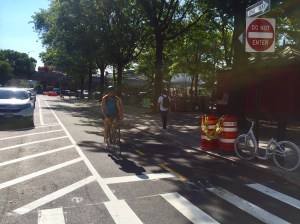 The new two-way protected bike lane on South 4th Street, looking east from Roebling Street. Photo: David Meyer