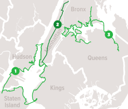 Left to right: RPA's proposed Harbor Ring, Manhattan, and Inner Sound Loop trails. Map: RPA