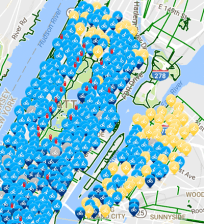 Blue pins are active stations, and yellow pins mark planned expansion stations that have yet to go live. Map: Citi Bike